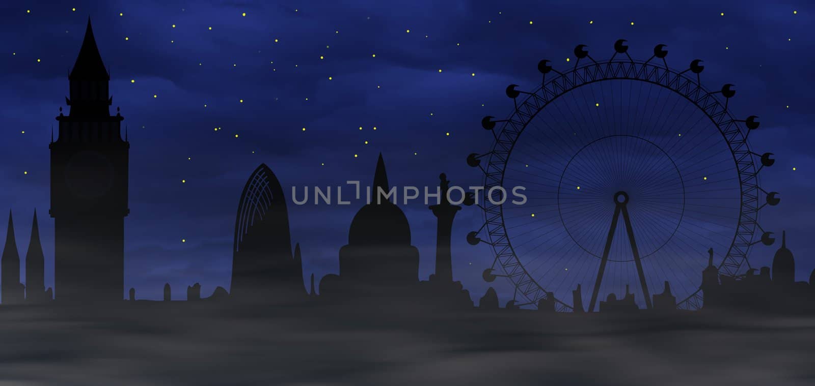 Image of the panorama of London - Big Ben, Big Wheel - sombre atmosphere
