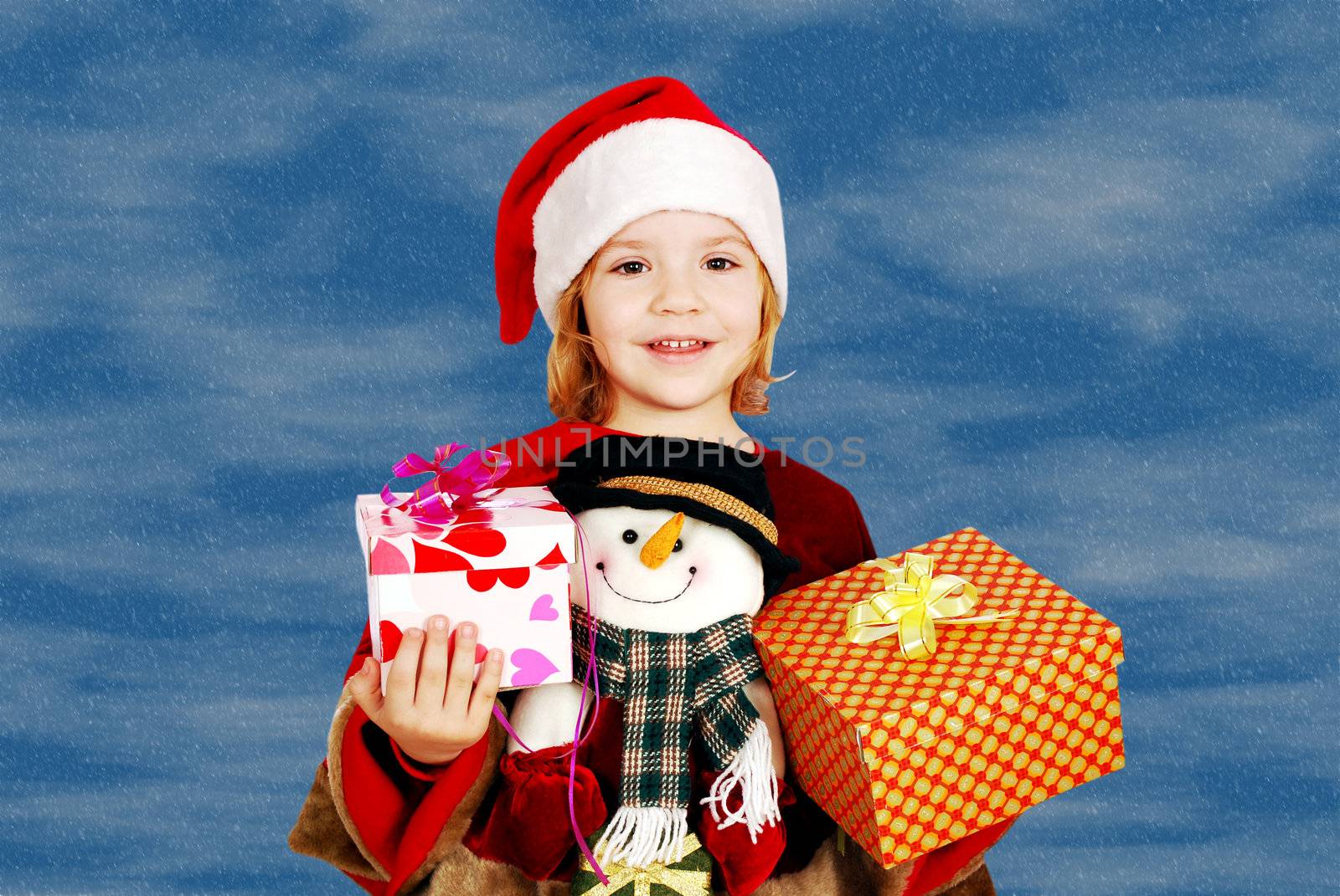 beauty little girl Santa Claus with gifts