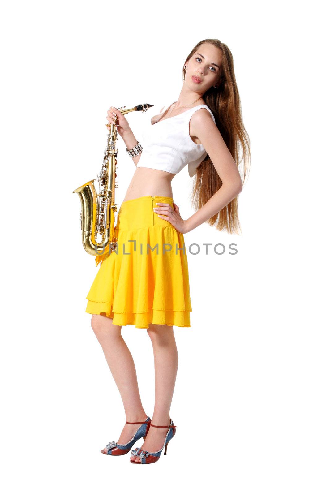 Girl with a sax musical instrument on tne white background