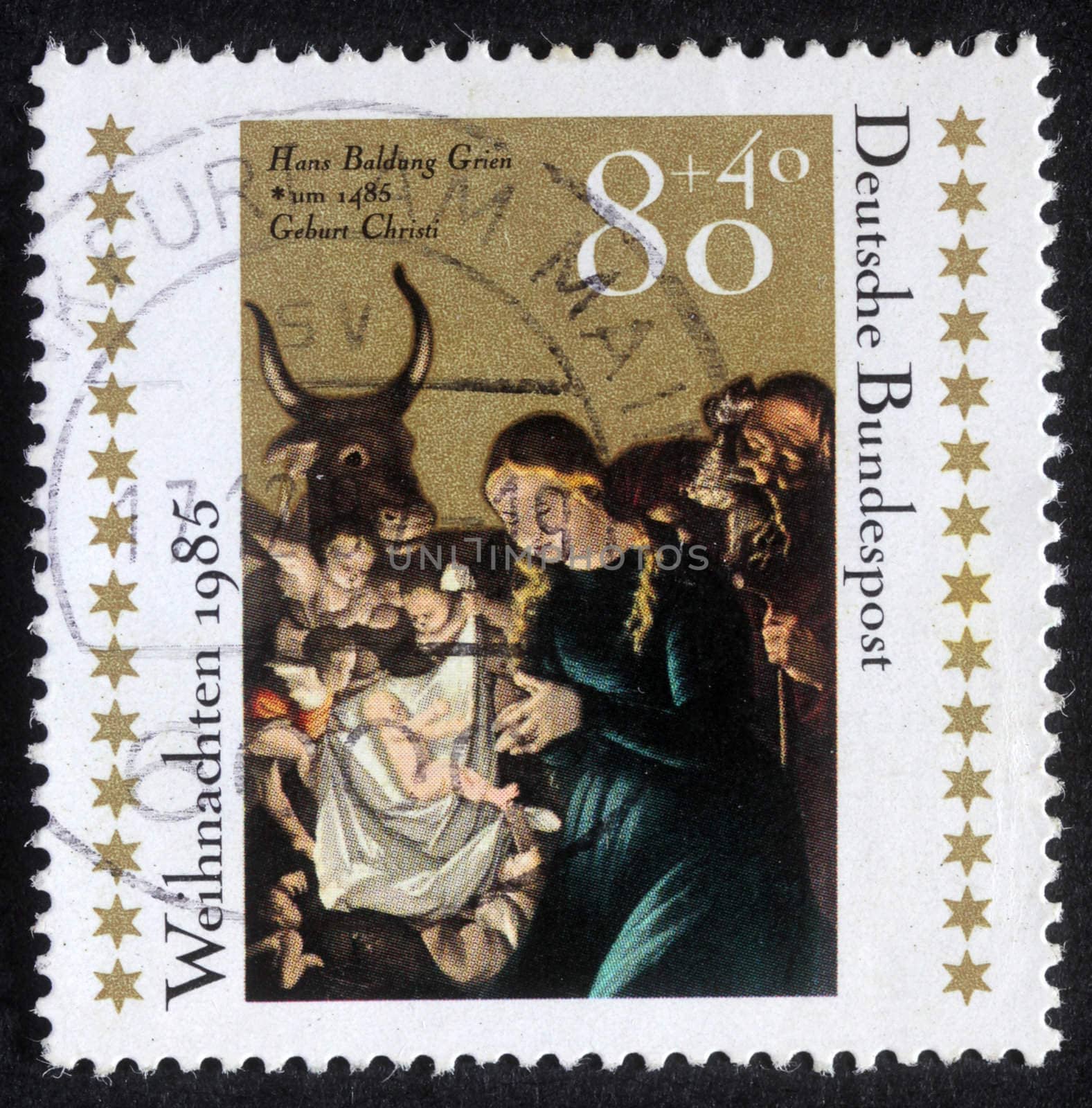 GERMANY - CIRCA 1985: A greeting Christmas stamp printed in the Germany shows Christmas Creche