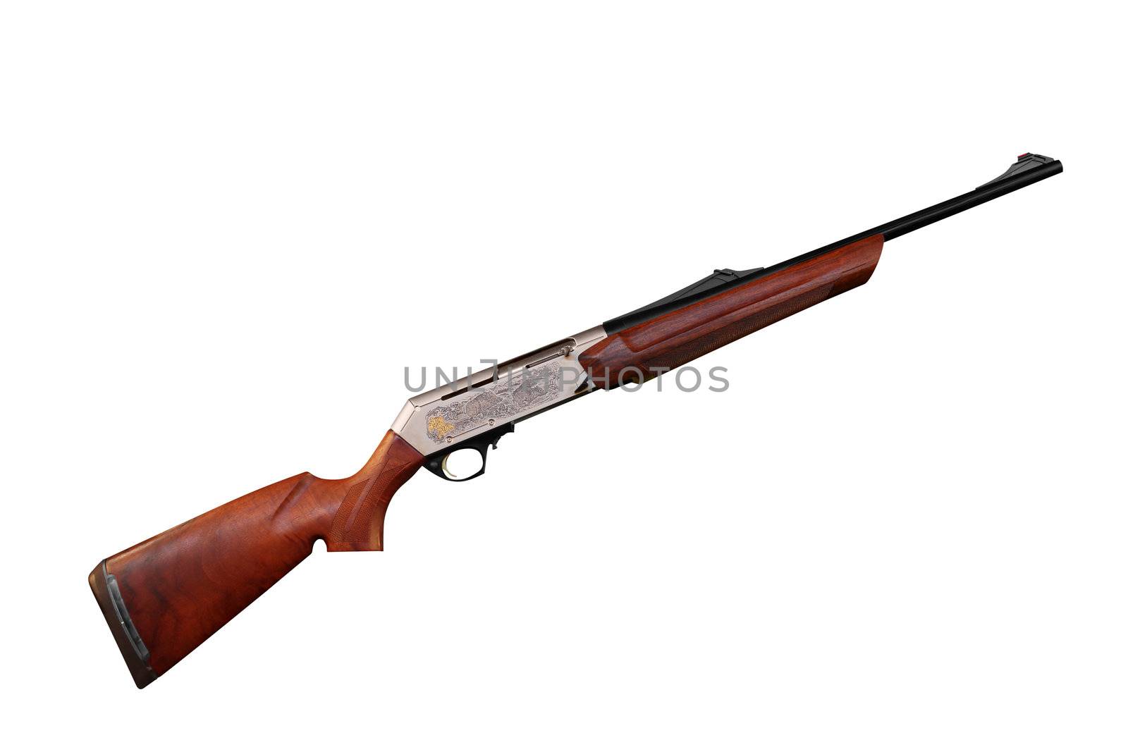 new hunting rifle with engraving isolated on white by goce