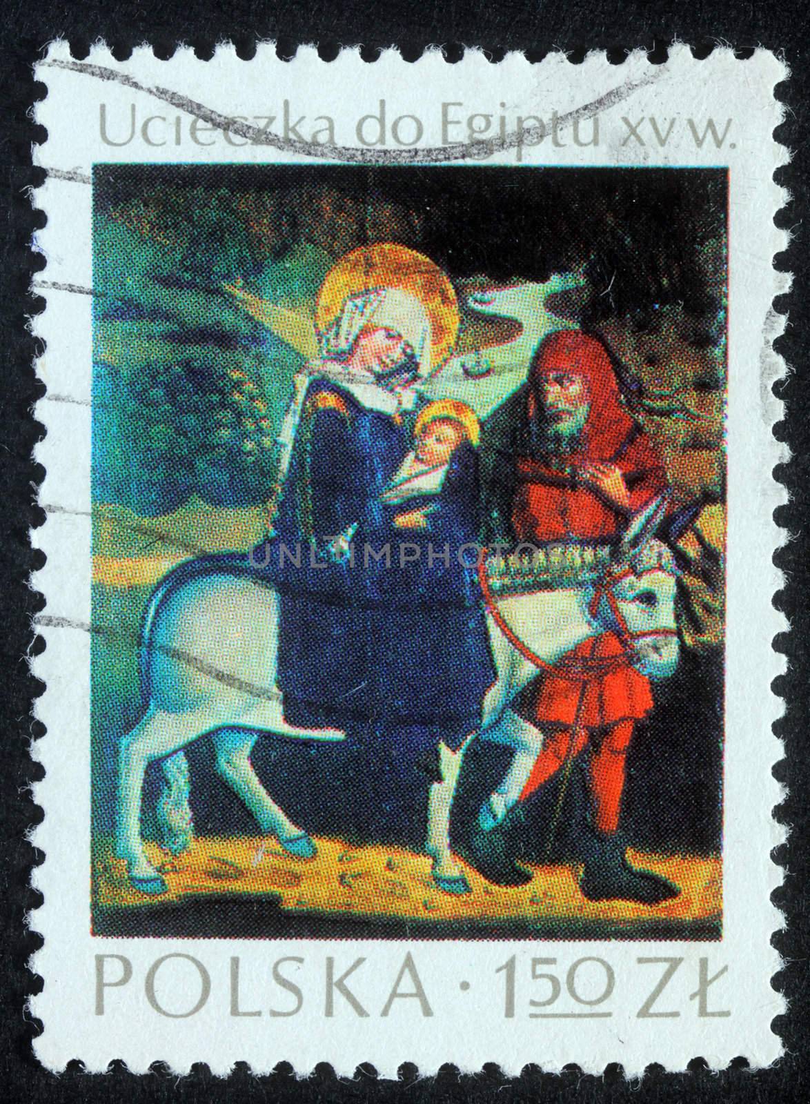 POLAND - CIRCA 1980: A greeting Christmas stamp printed in Poland shows Flight to Egypt