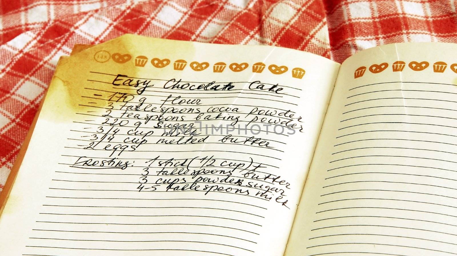 written recipe of easy chocolate cake in cookbook