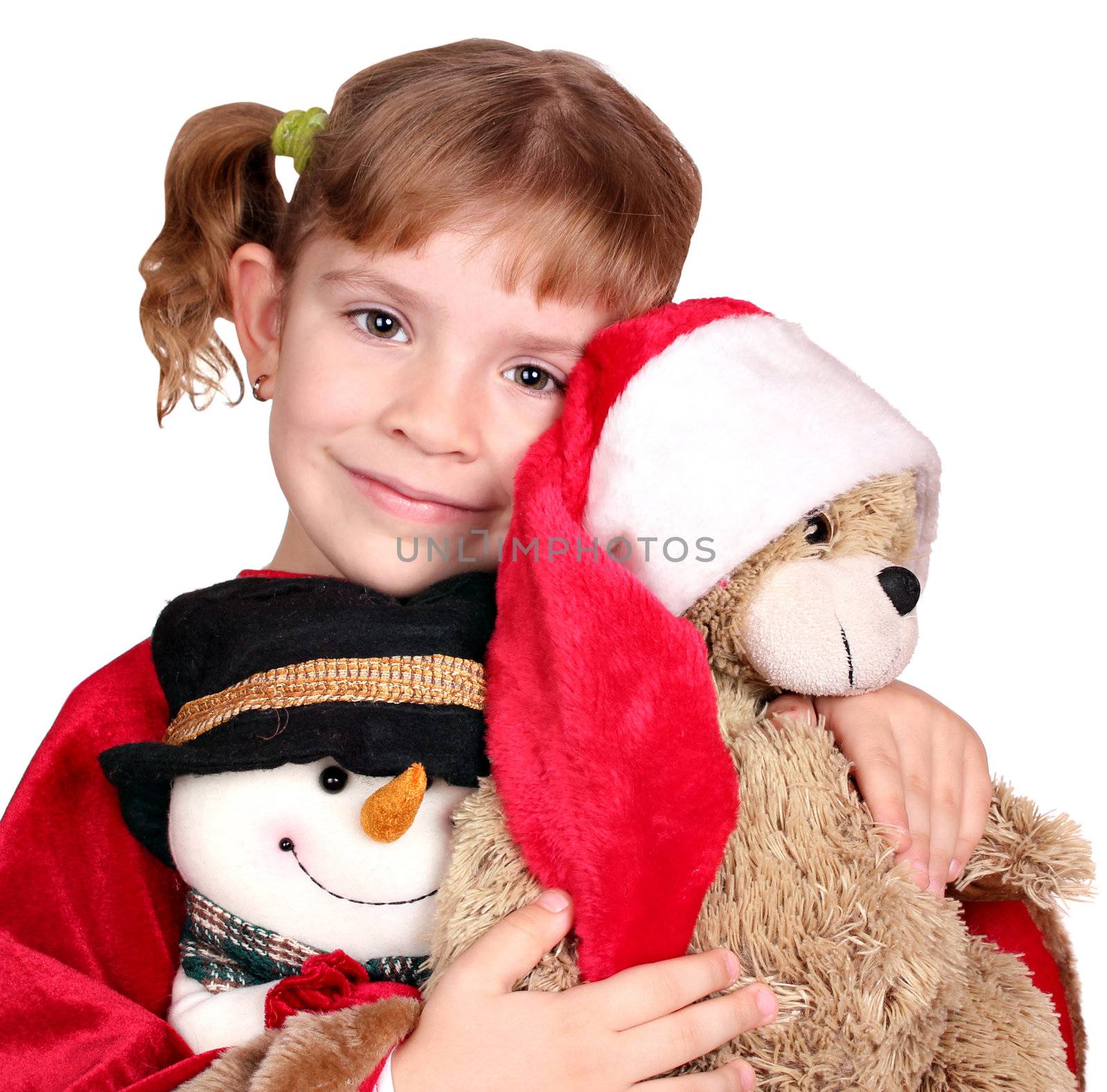 little girl holding teddy-bear Santa Claus