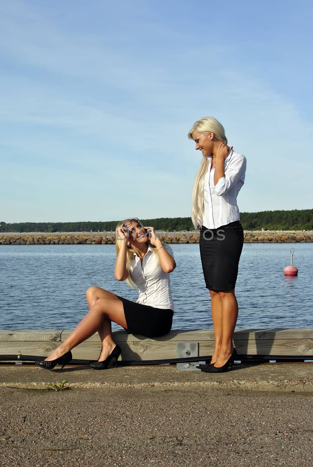 Two blonde girls on the beach. One is standing. Another sits