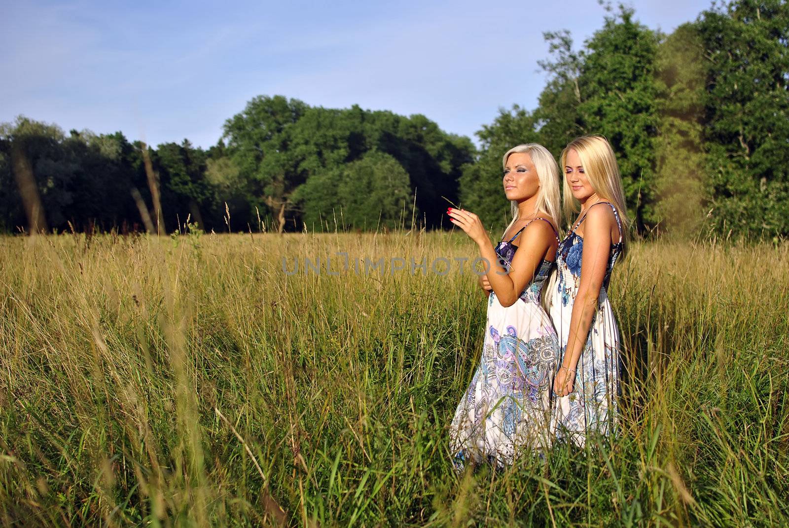 Two girls in the grass near the forest