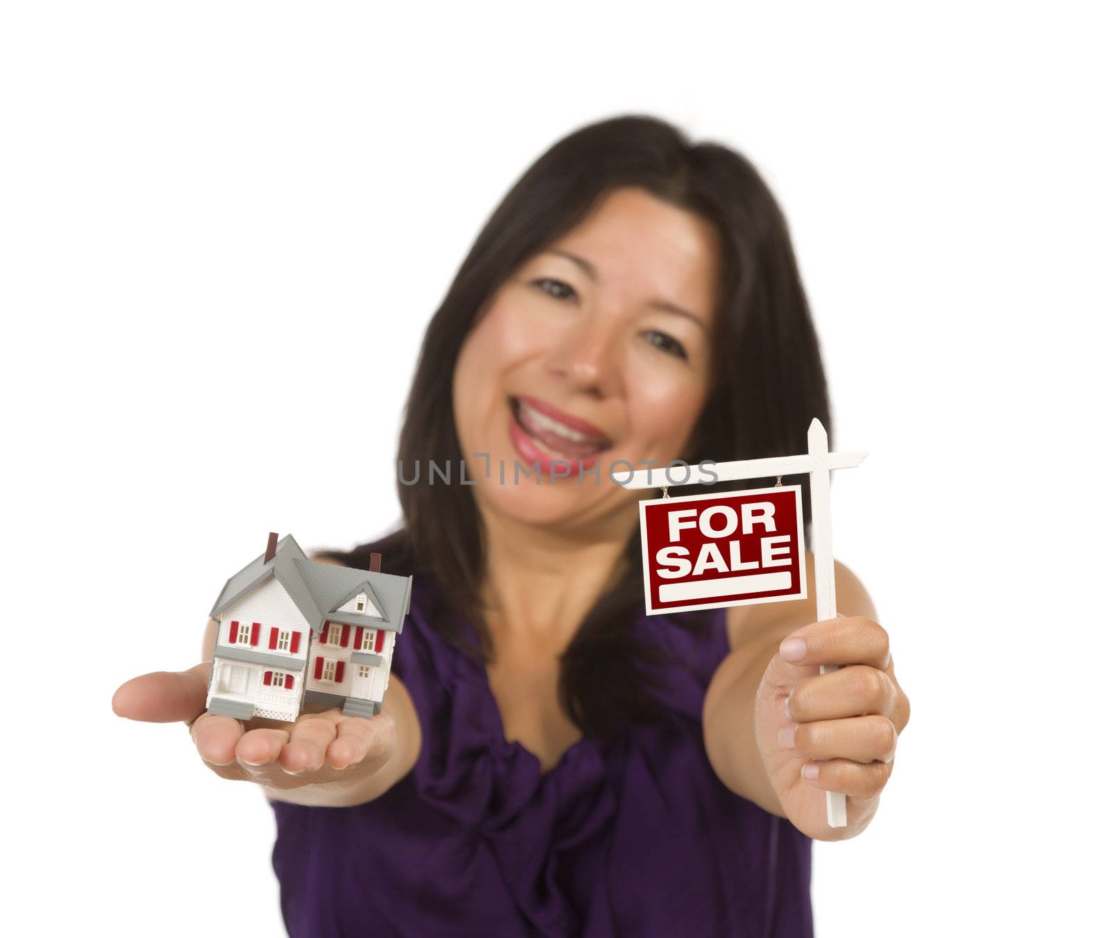 Multiethnic Woman Holding Small For Sale Real Estate Sign and House in Hand Isolated on White Background.