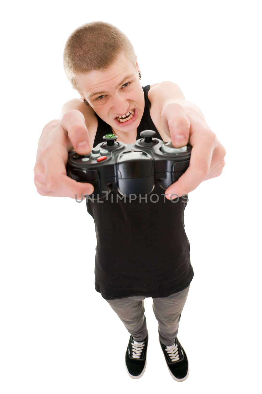 funny skinny teenager with a joystick isolated on white background