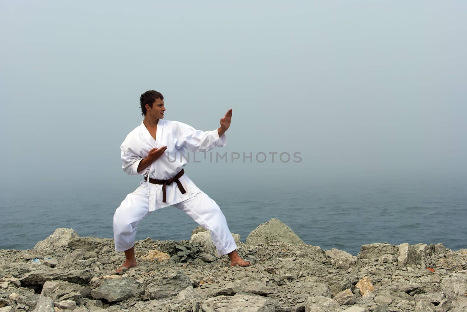 karate trains on the shores of the misty sea