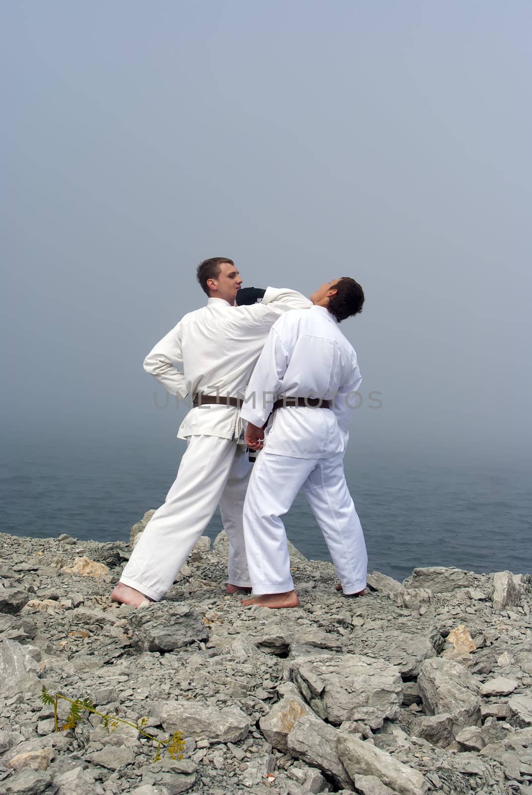 two karateka fight on the banks of the misty sea