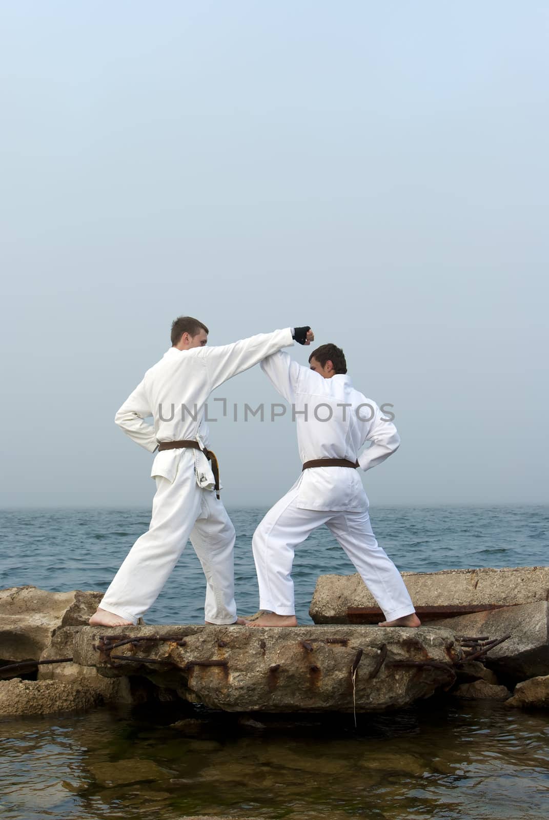 two karateka fight on the banks of the misty sea