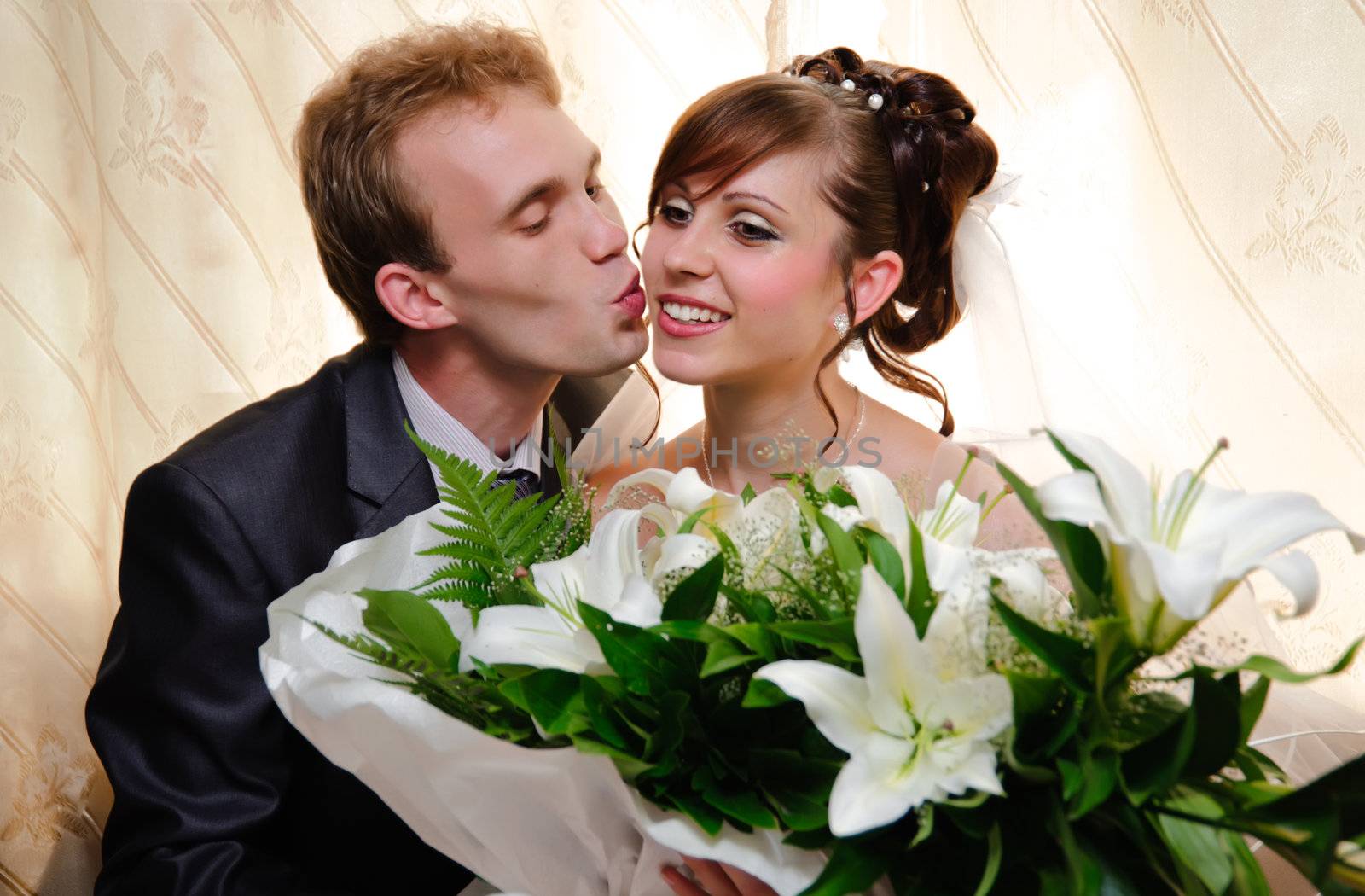 Portrait of a young and beautiful married, the groom kisses the bride.