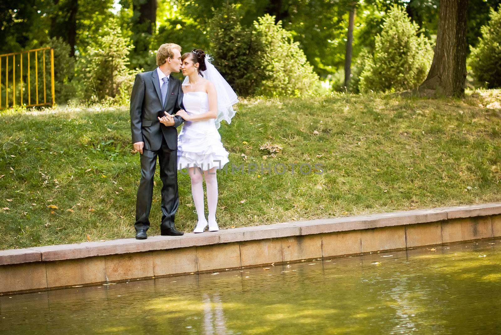 The bride and groom, standing near the lake in the park on a beautiful sunny day