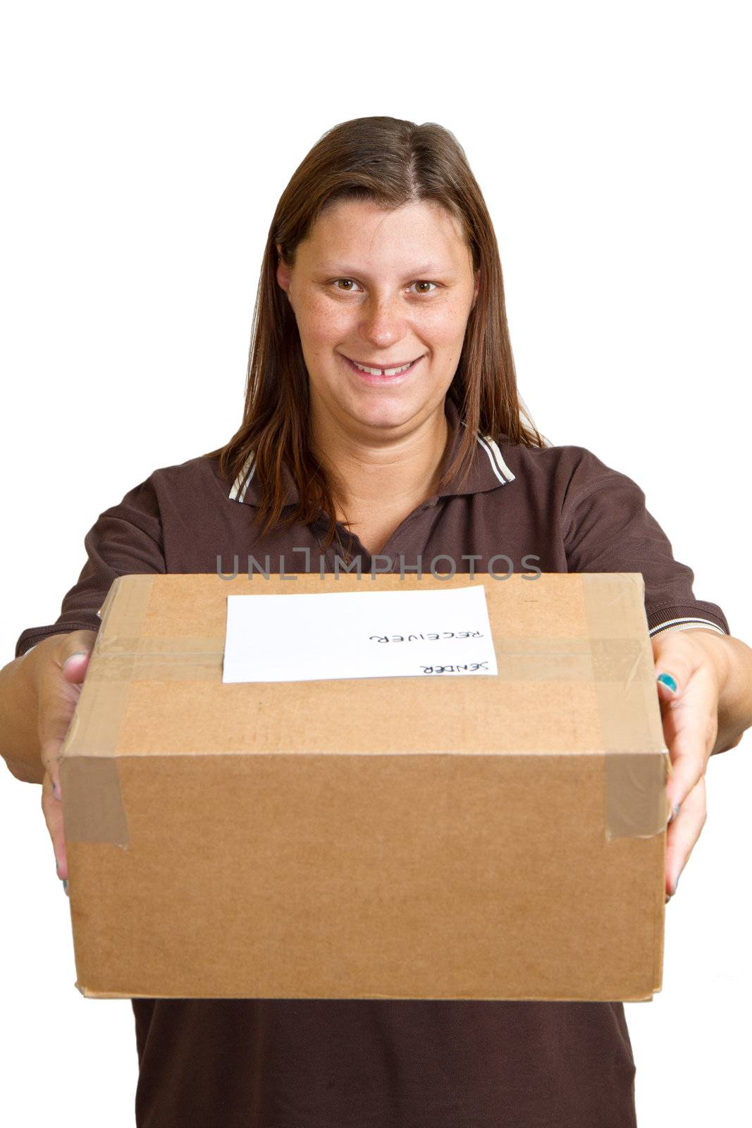 smiling delivery woman holding a big parcel isolated on white 