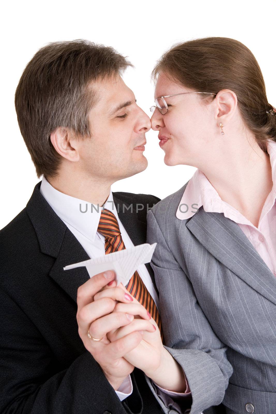 two people of business kissing