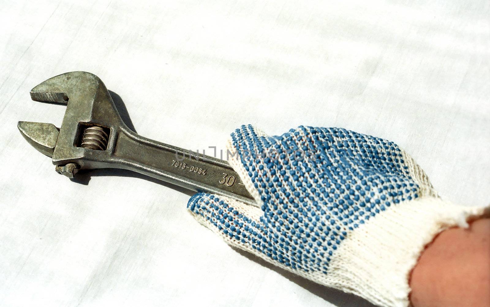 Hand in fabric glove with adjustable spanner