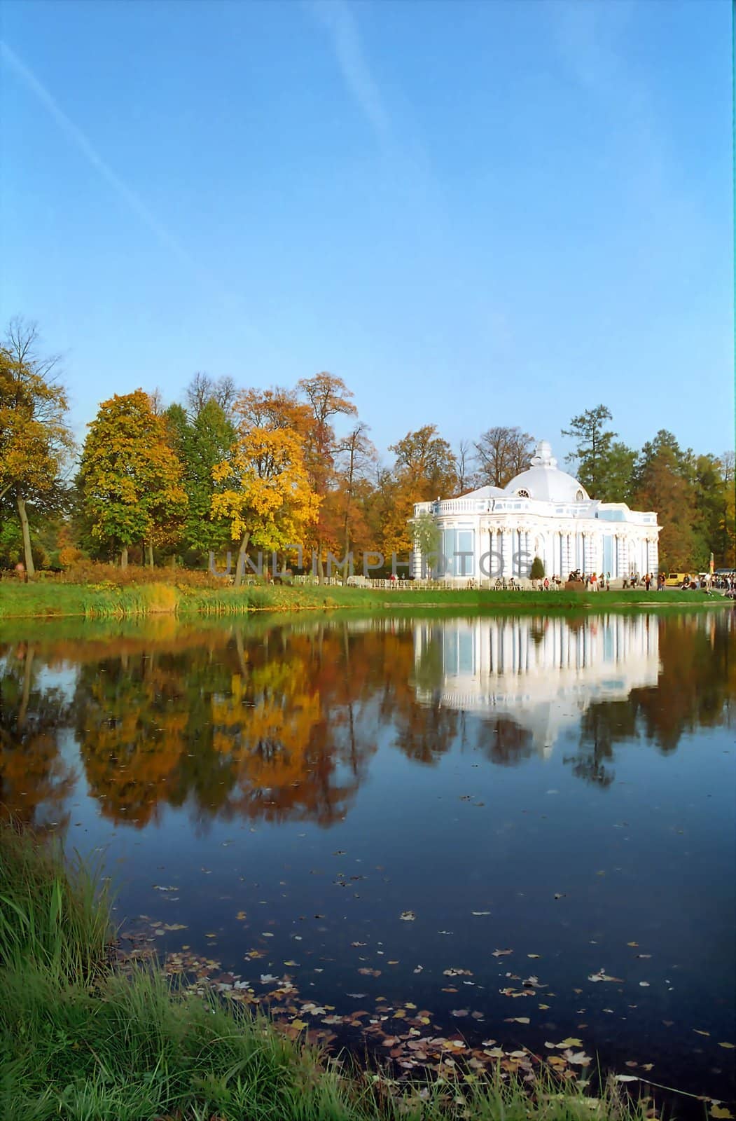 Classical building near the pond in autumn day vertical