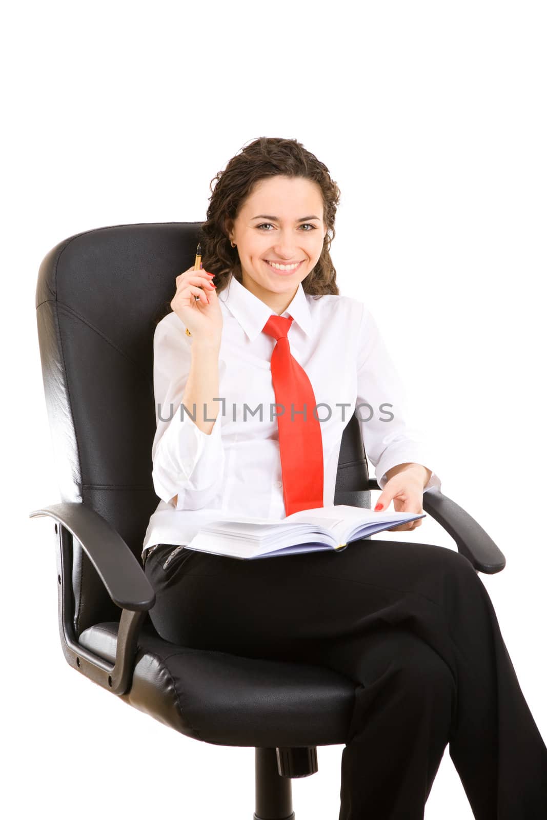 businesswoman seat in armchair and holds pen