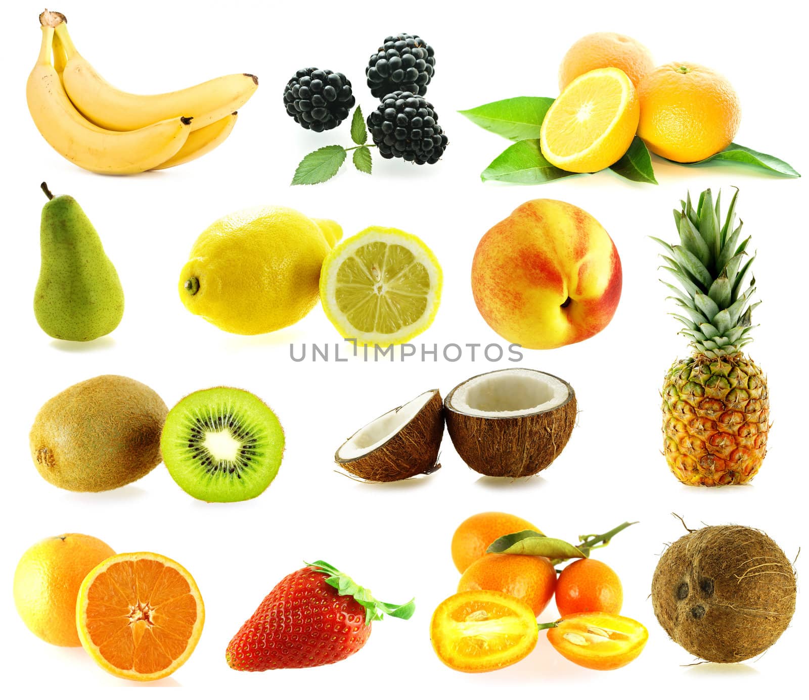 set of frash ripe different fruits over white background