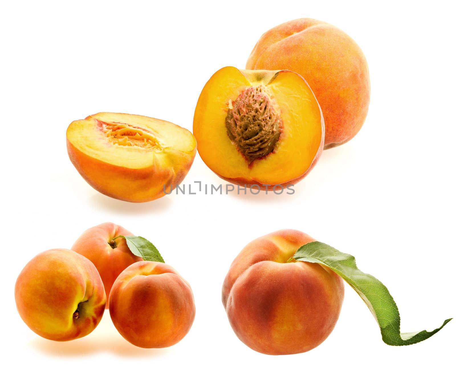 set of fresh ripe peaches over white background