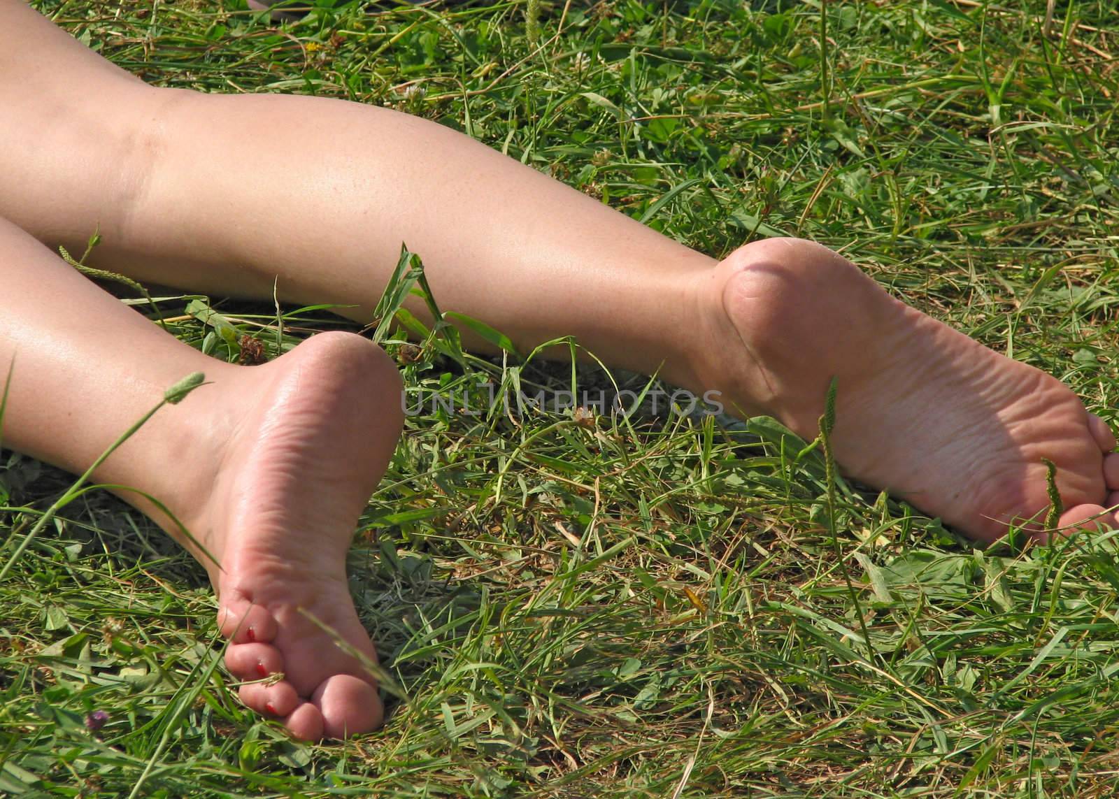 Woman's legs on the grass in a sunny day