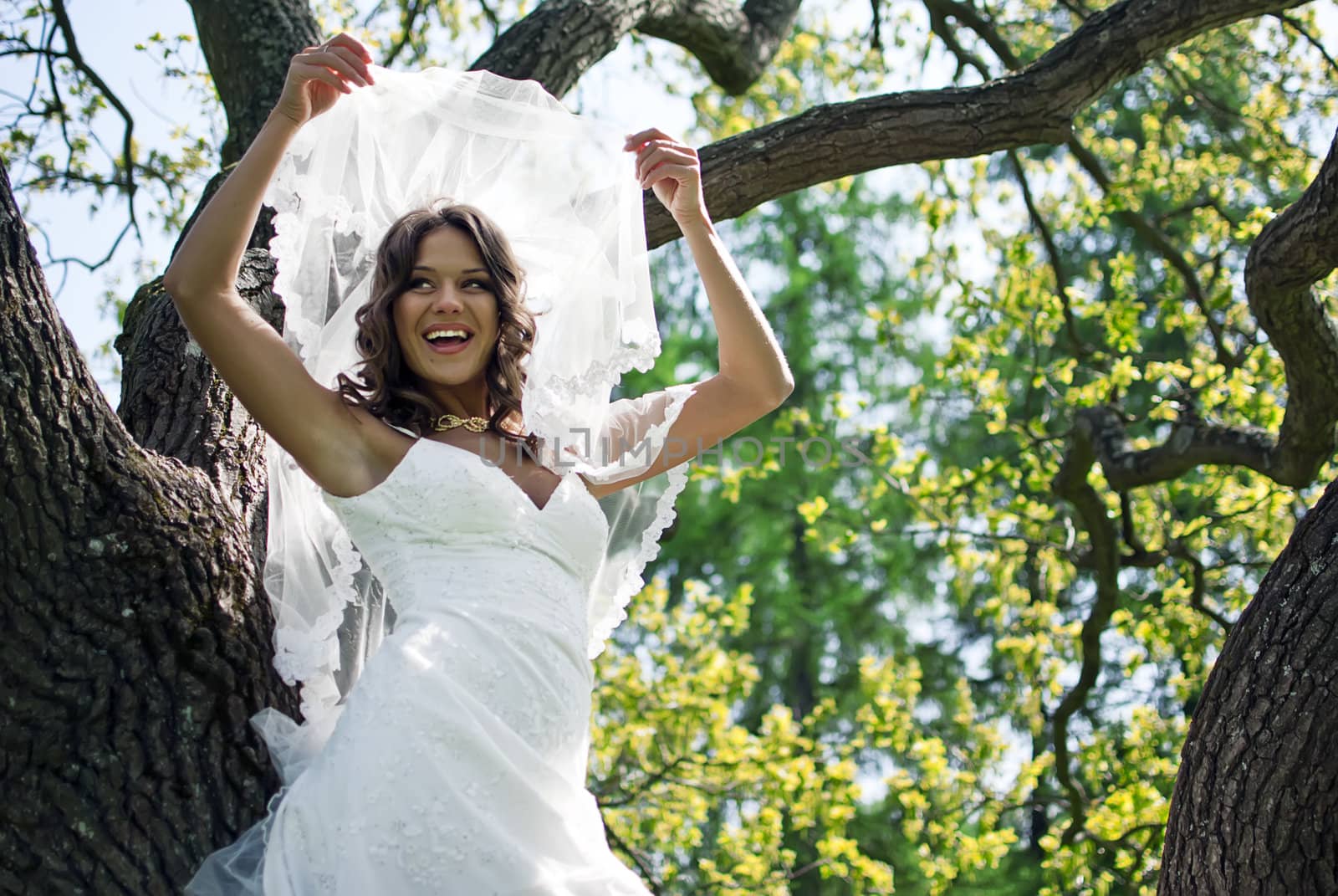 Attractive Bride stands about trees in the park