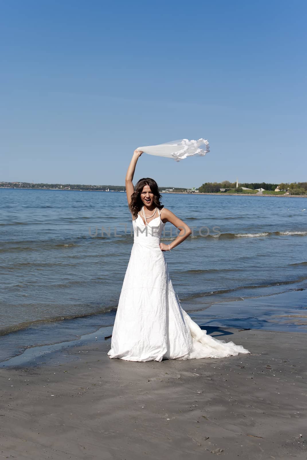 beautiful young bride throwing the veil near the sea