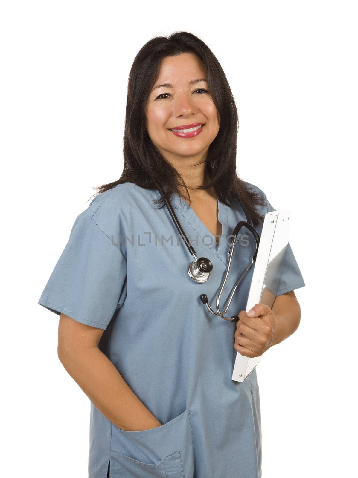 Attractive Hispanic Doctor or Nurse Isolated on a White Background.