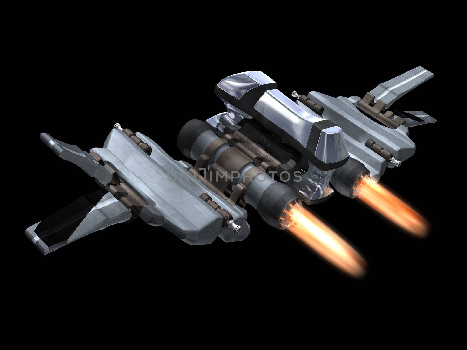 Back and above view of a StarFighter in action with a black background