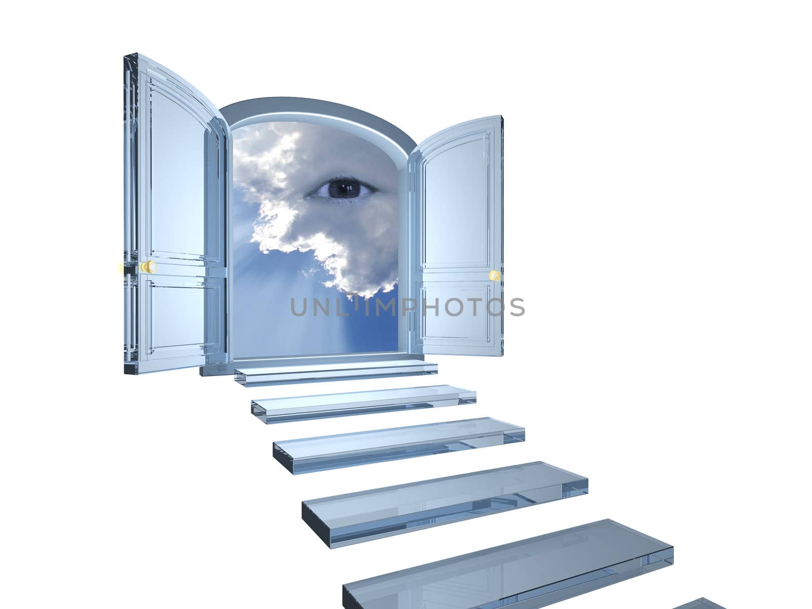 Big crystal door opened on a mystic eye in clouds with a white background