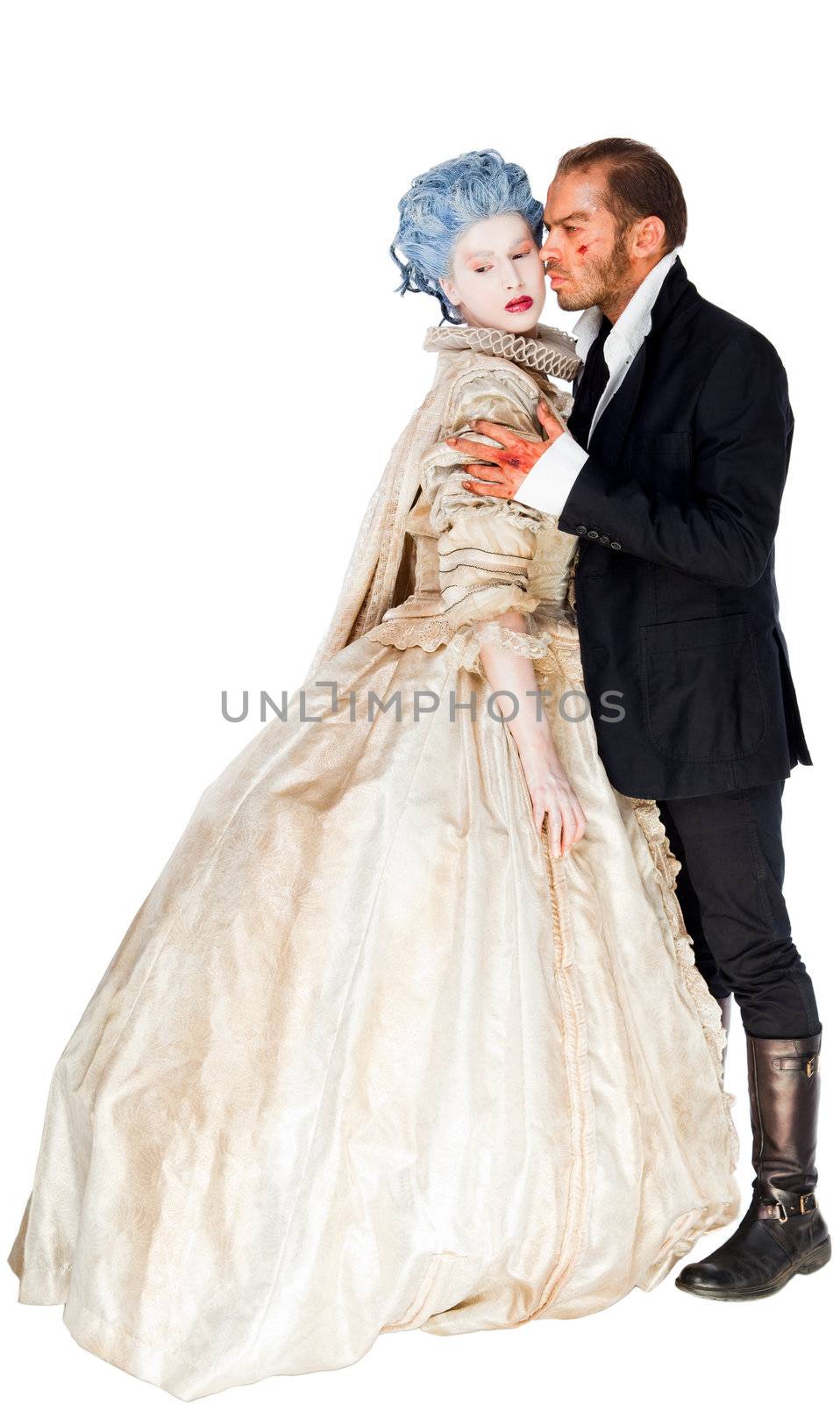 Male vampire embracing woman in medieval costume, isolated on white