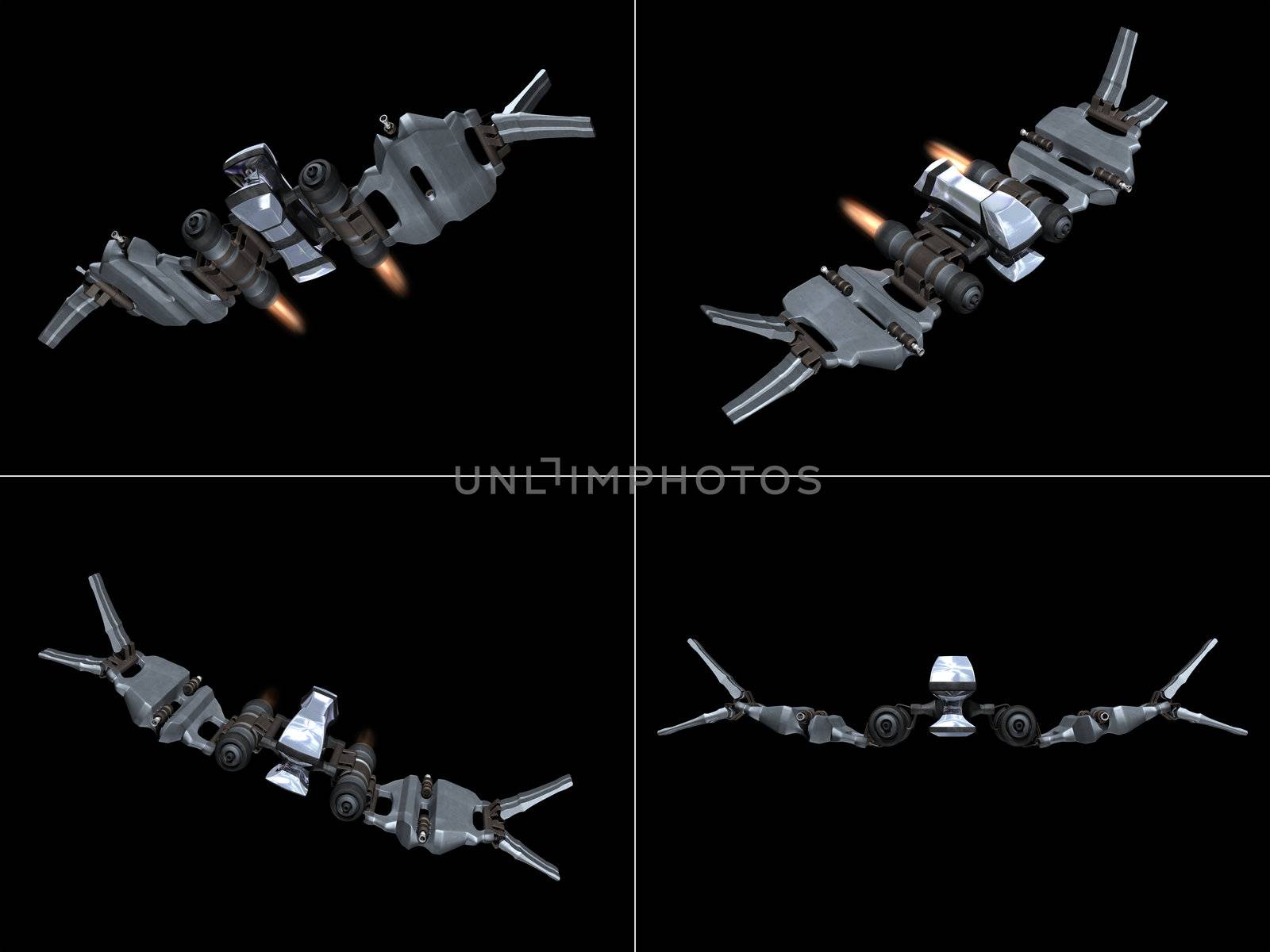Four front views of a StarFighter in action with a black background