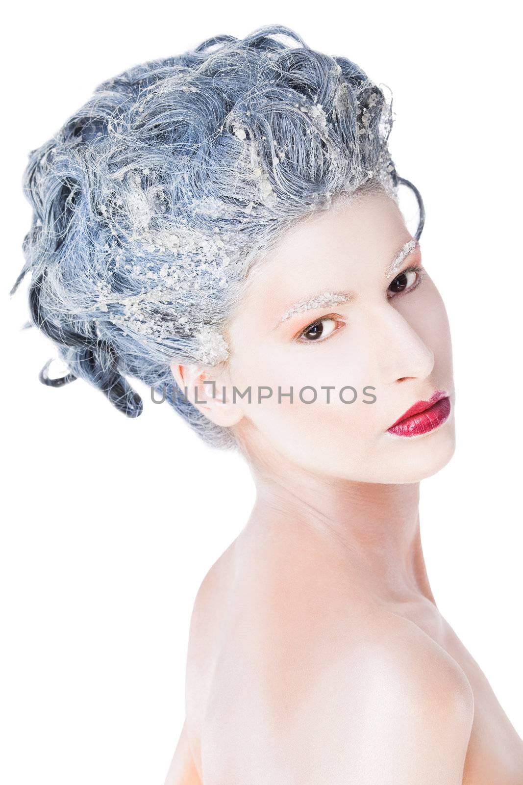 Portrait of beautiful female with blue frozen hair on white background