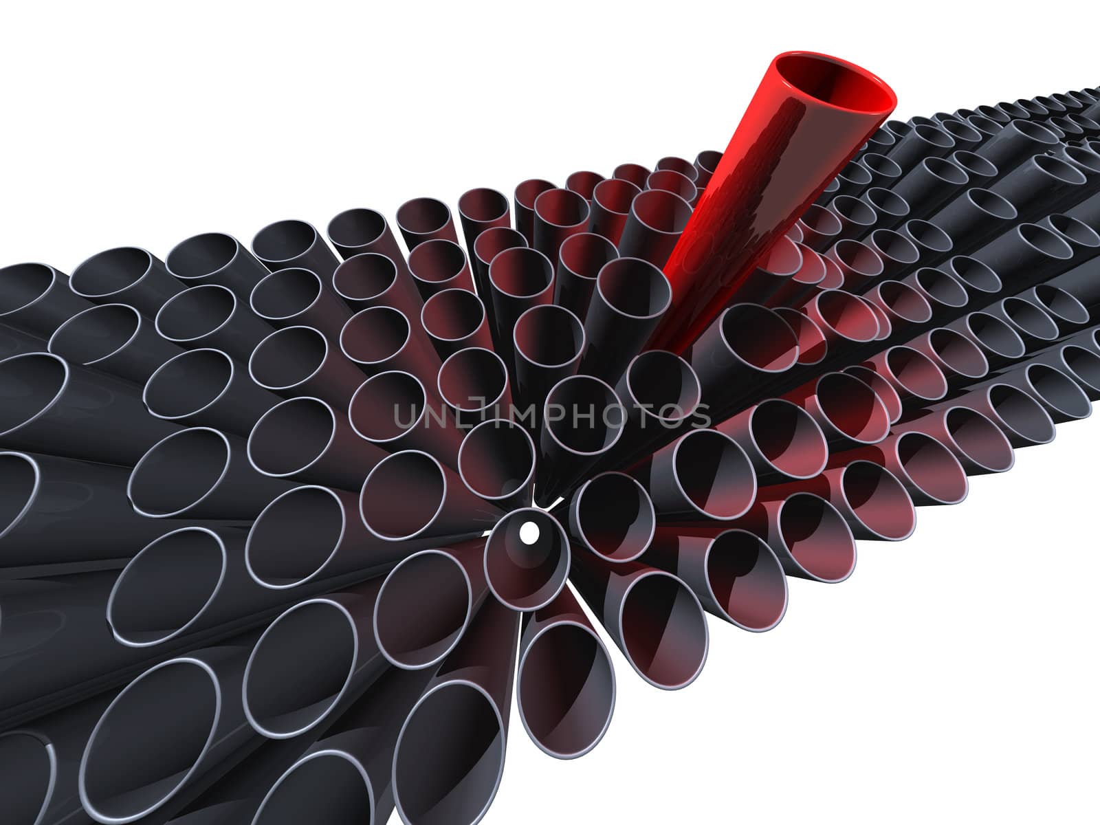 Many grey pipes with one big red on a white background