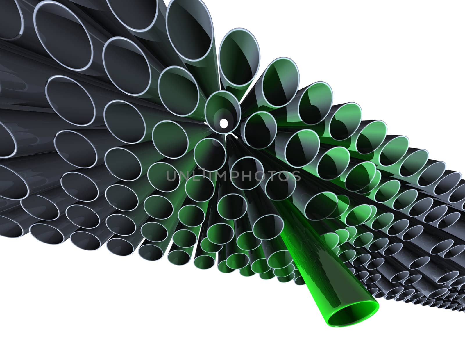 Lot of grey pipes with one high green on a white background