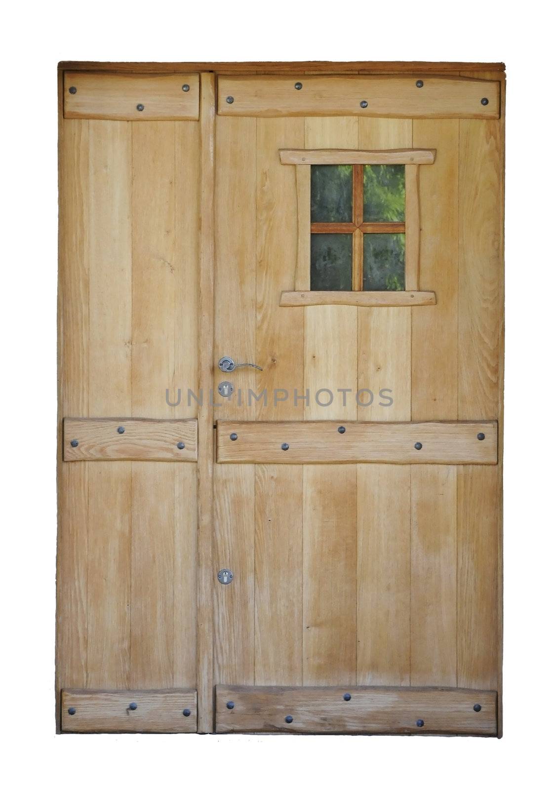 Wood door with a little window on a white background