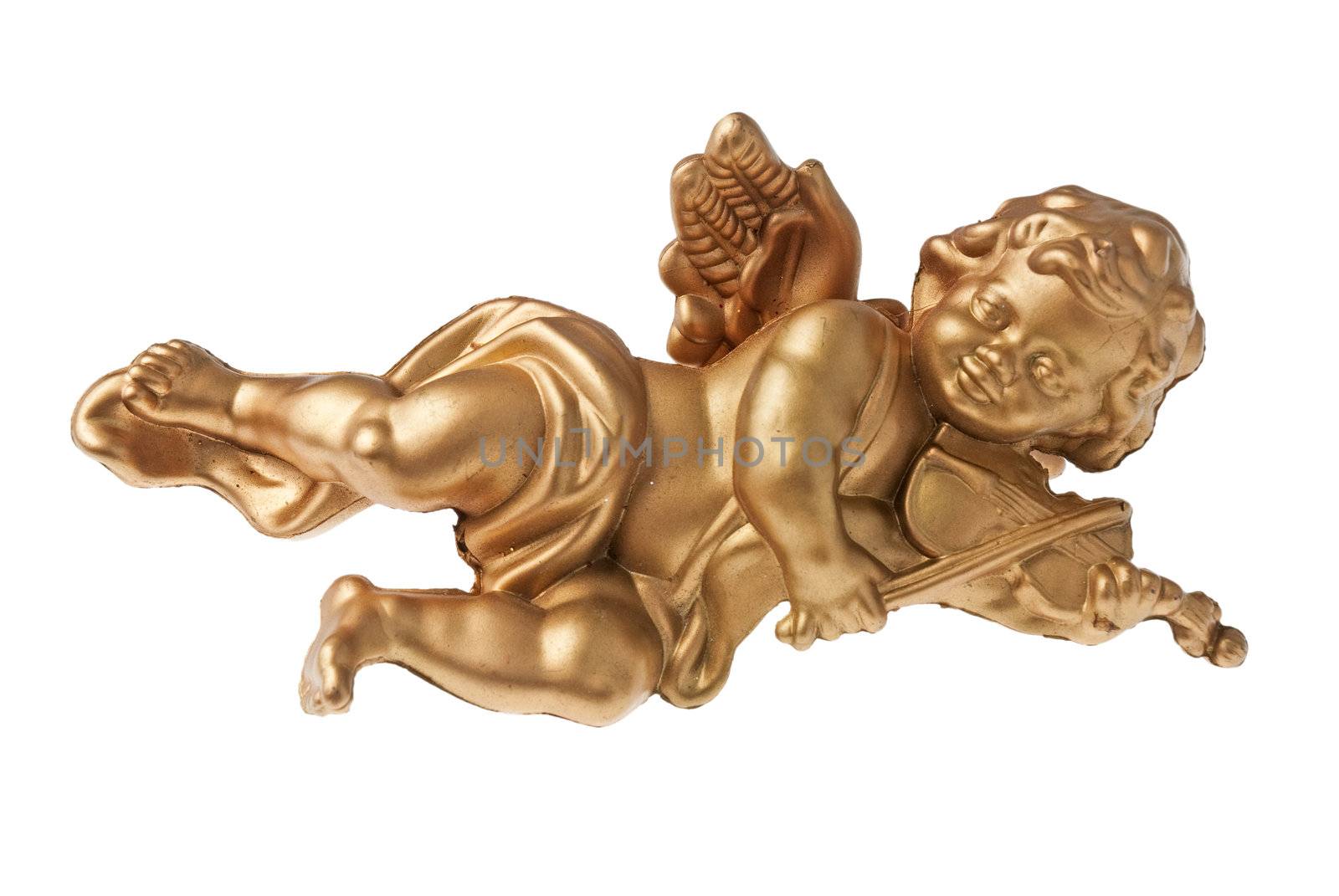 Angel plastic statue of an gold angel playing violin isolated on white background.