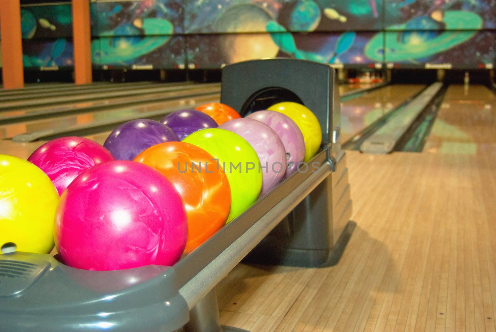 close up of the colored bowling balls