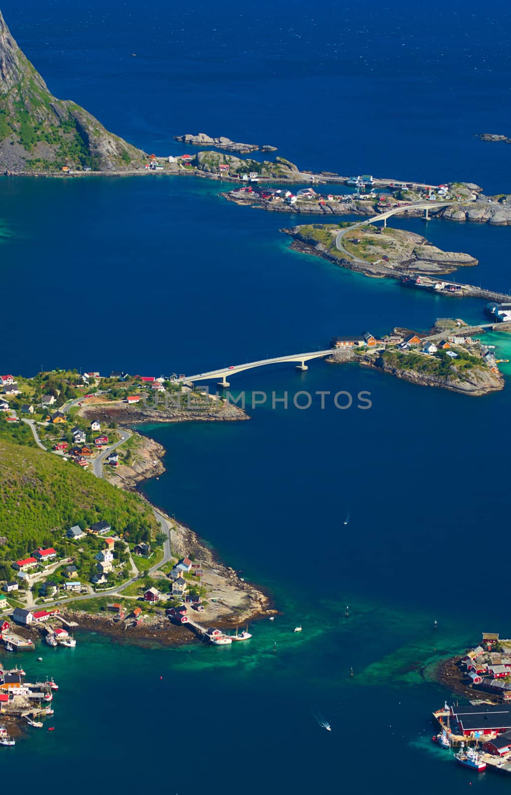 The skerries around the small coastal town of Reine on Moskenesoya, Lofoten, Norway photographed from the Reinebringen 