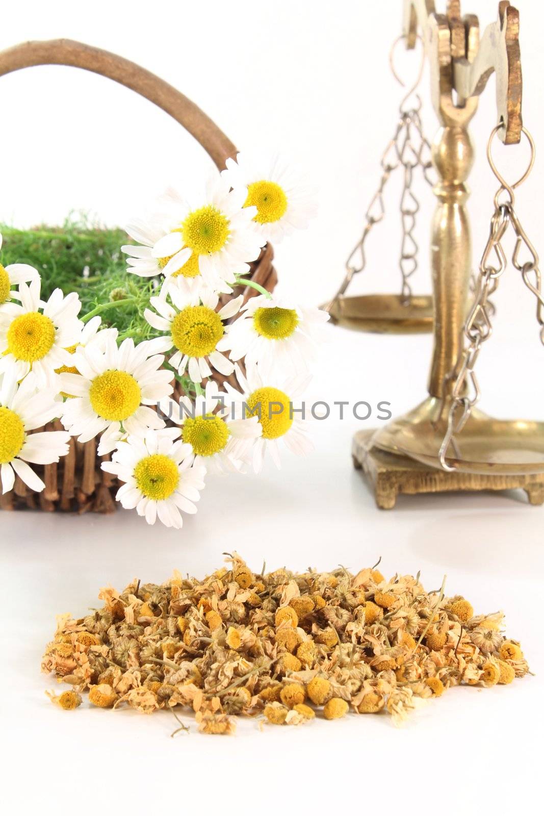 a handful of dried chamomile flowers against a white background