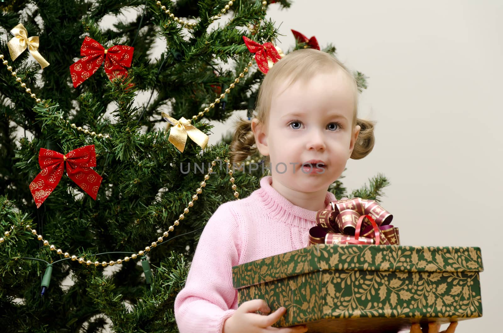 little girl near the christmas tree holding a present