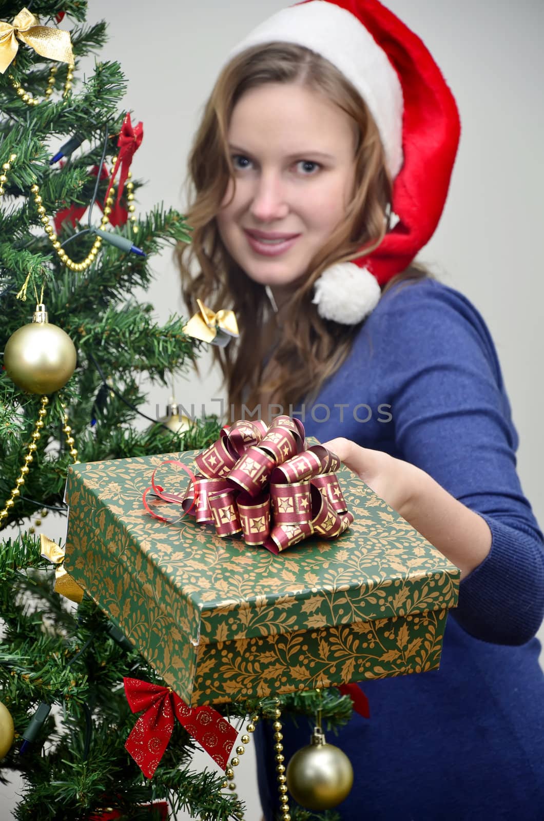 girl holding a christmas present, focused on present