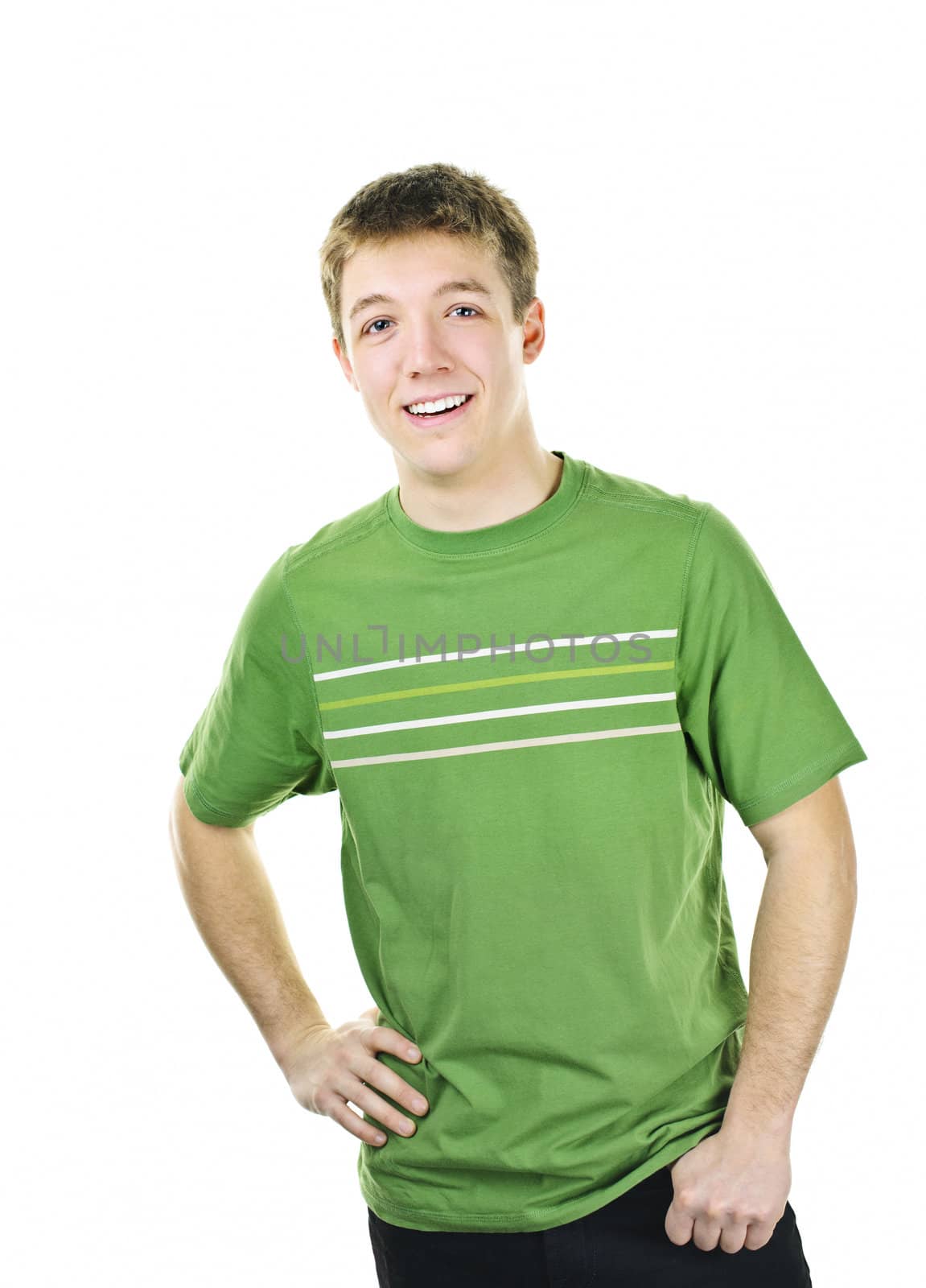 Happy young man standing isolated on white background