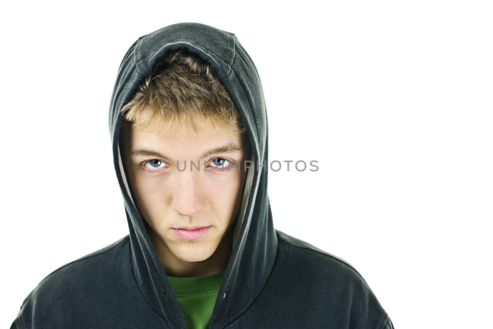 Young man with attitude wearing hoodie isolated on white background