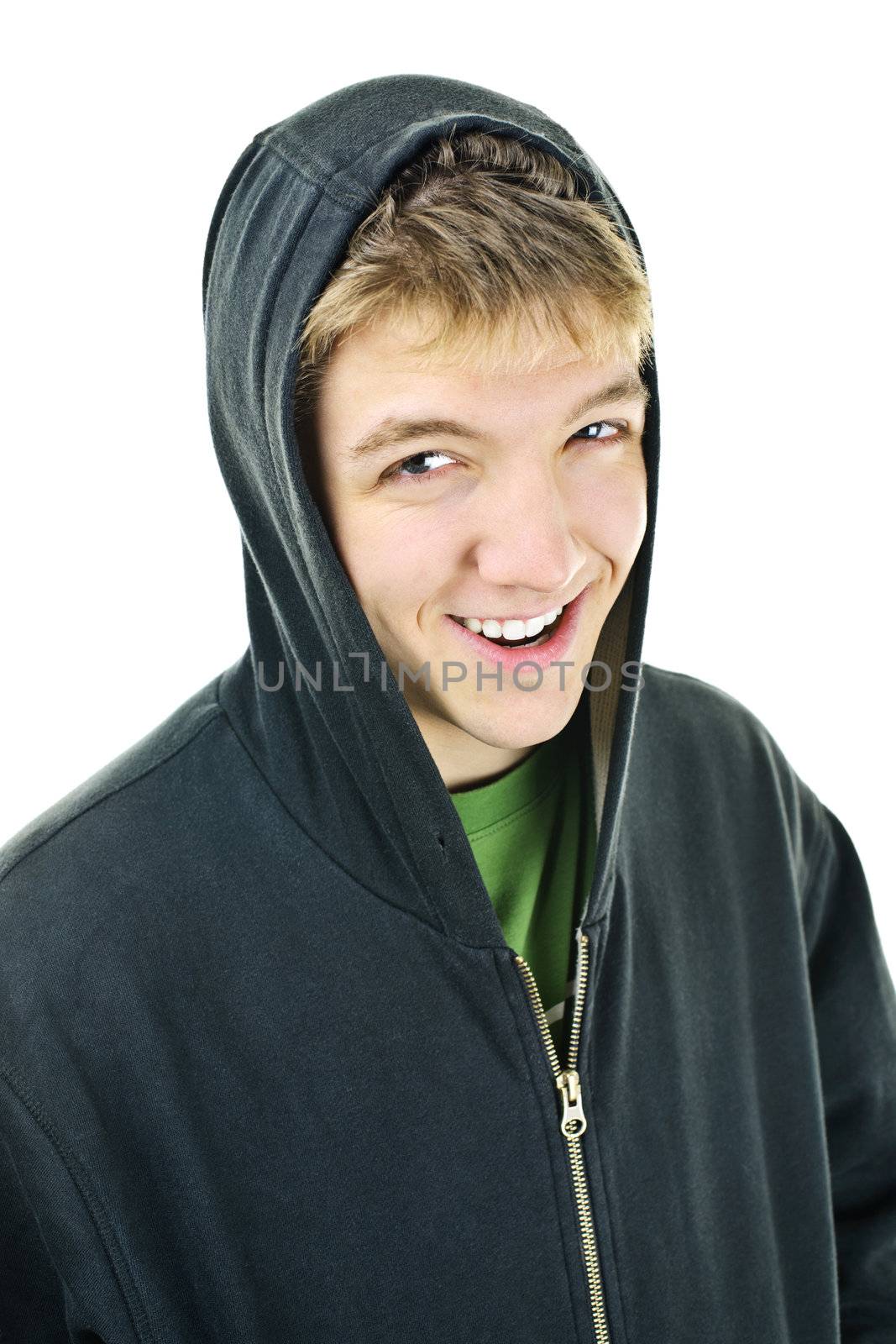 Portrait of smiling young man wearing hoodie isolated on white background
