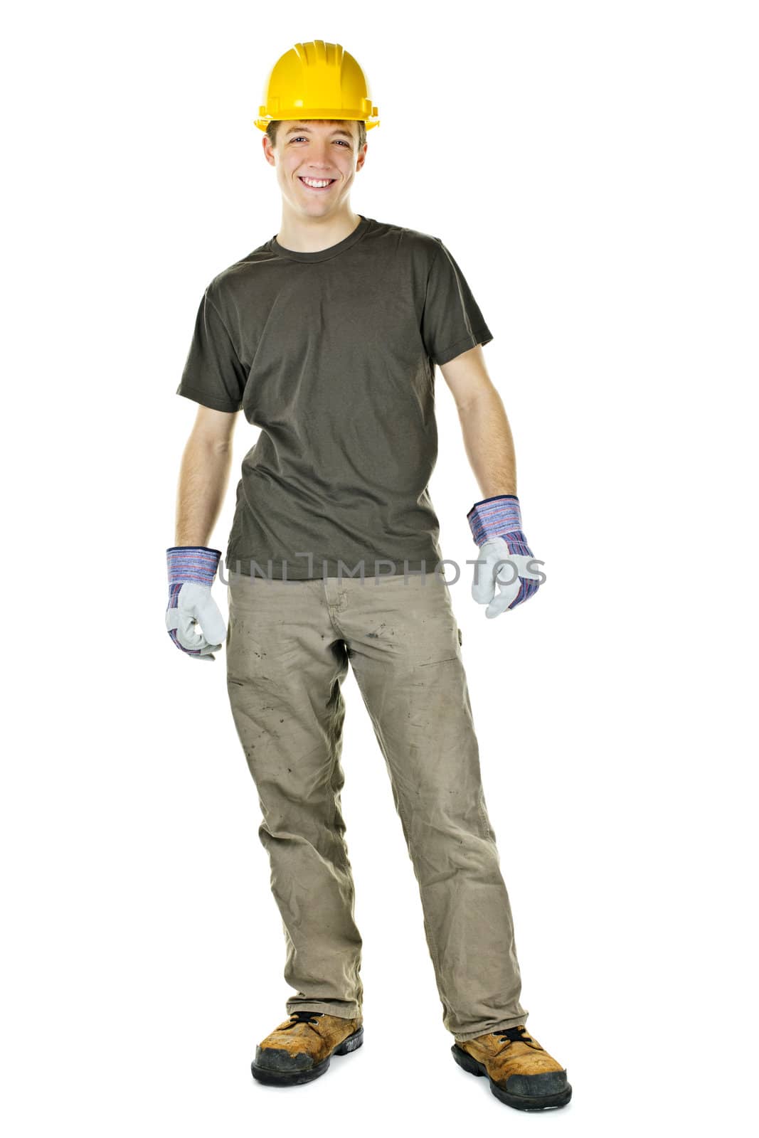 Young construction worker with hard hat full body standing isolated on white background