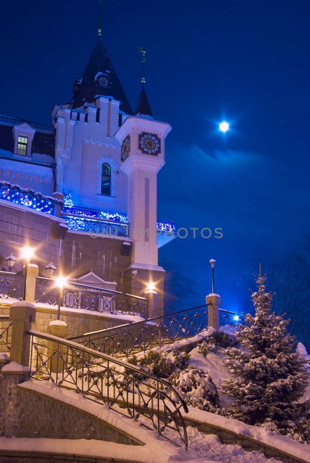 christmas tree in front of building  by vrvalerian