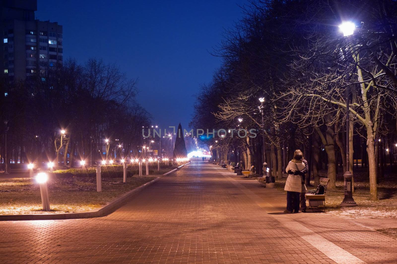 City night scene with lights and snow 