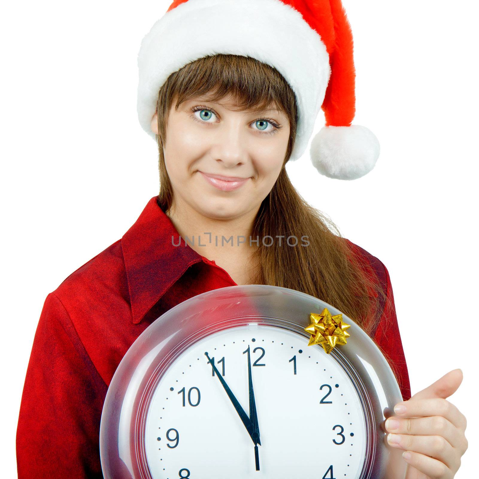 Santa girl with the clock on an isolated white background