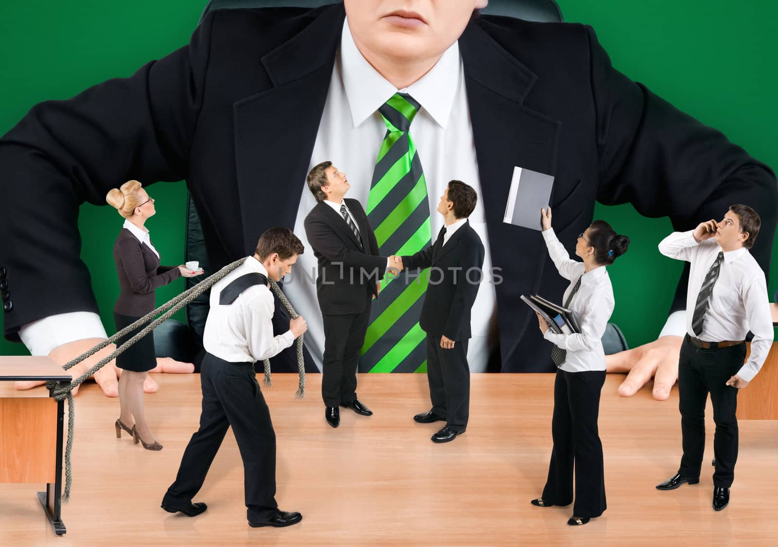 Boss and business team on green background